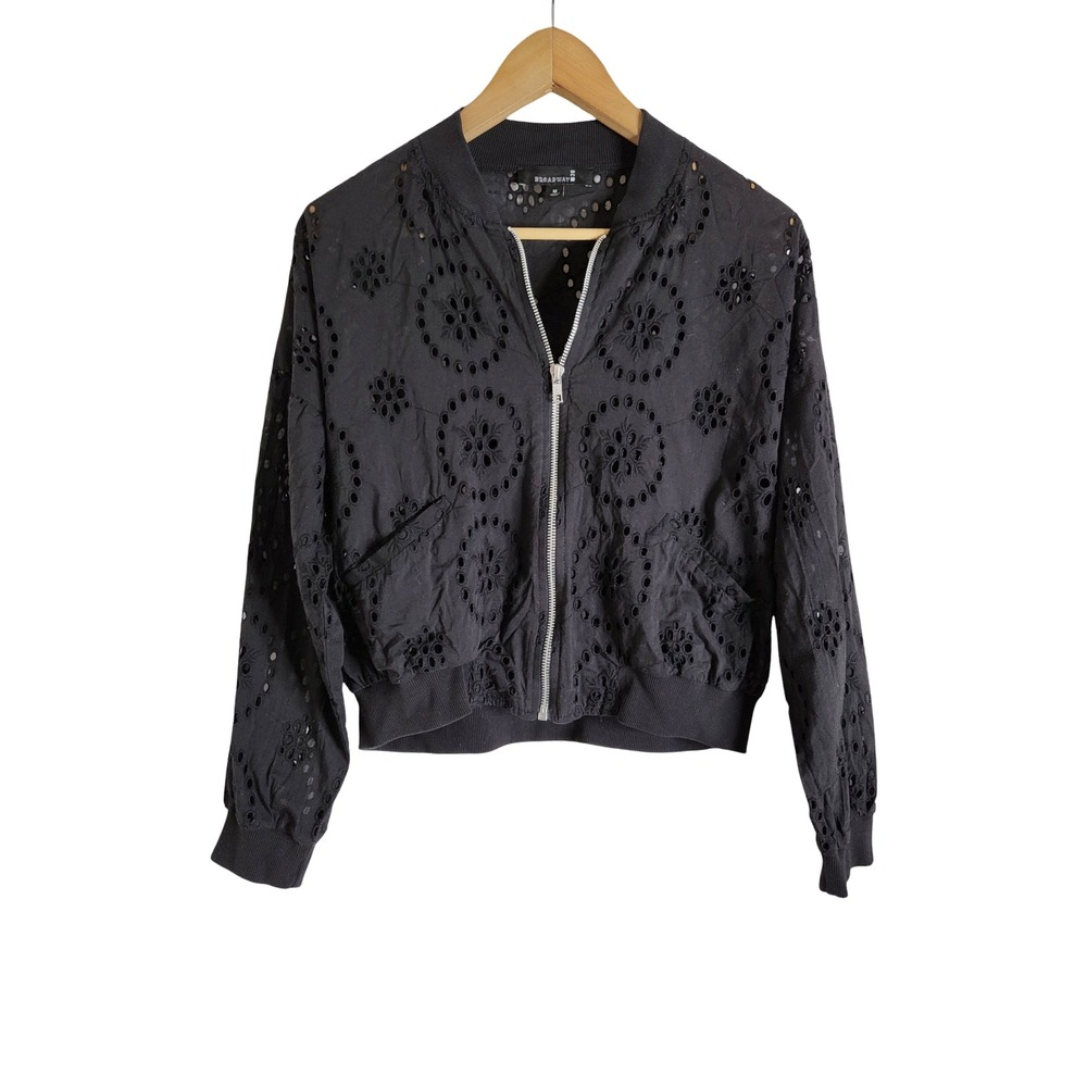 Broadway Black Eyelet Bomber Jacket M Cotton Floral Lace Zip Up Gothic Boho